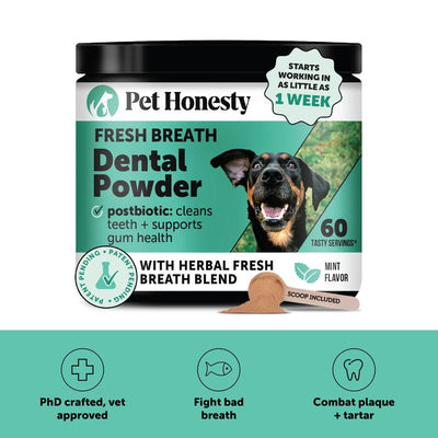 Pet Honesty Dental Powder, Breath Freshener and Teeth Cleaning Dental Care for Dogs, Plaque Tartar Remover with Postbiotic - 30 Scoops